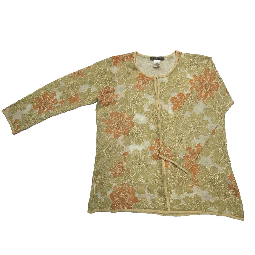 Sigrid Olsen Collection Cardigan Sweater Floral Beads Coral Green Buttons Size S